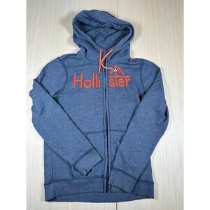 Hollister Hoodie Mens Small Blue Logo Fleece Lined Kangaroo Pockets Full Zip